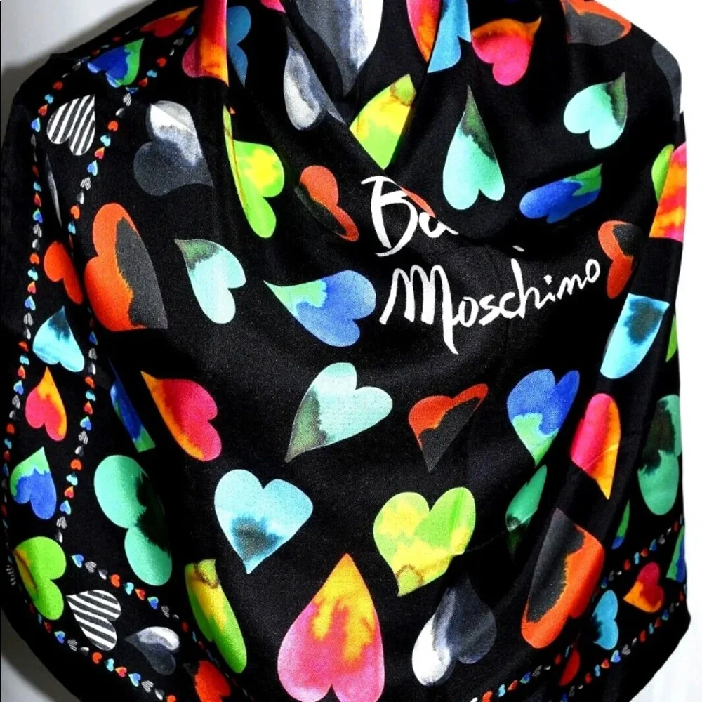 NEW MOSCHINO 100% Silk Scarf Black/Multi Heart Print,Hand rollIed, Italy…